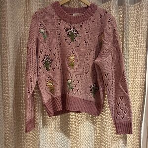 Listicle Pink Floral Embroidered Crewneck Sweater